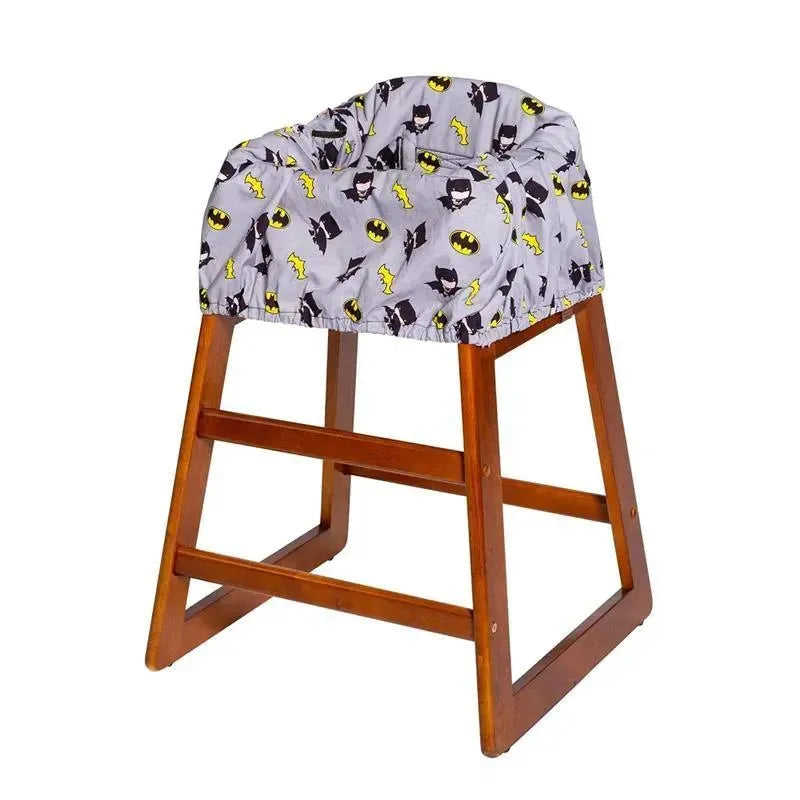 DC Comics Batman-themed shopping cart and high chair cover with a gray background, featuring Batman and lightning graphics.