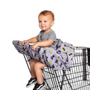 Shopping cart cover featuring a toddler sitting comfortably, adorned with Batman-themed designs in gray and yellow.