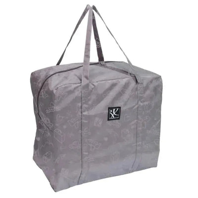 Gray travel bag with logo, designed for carrying booster seats, featuring dual shoulder straps and a zippered closure.
