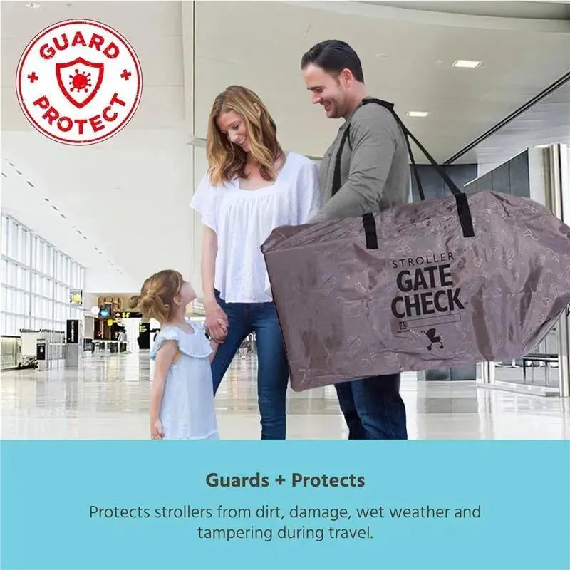 Deluxe Gate Check Bag for strollers, shown held by a smiling couple with a child in an airport. Protects strollers during travel.