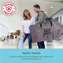 Deluxe Gate Check Bag for strollers, shown held by a smiling couple with a child in an airport. Protects strollers during travel.