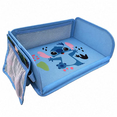 J. L. Childress Disney Baby 3-IN-1 toddler travel tray in blue, featuring a Stitch character print and mesh storage pockets.