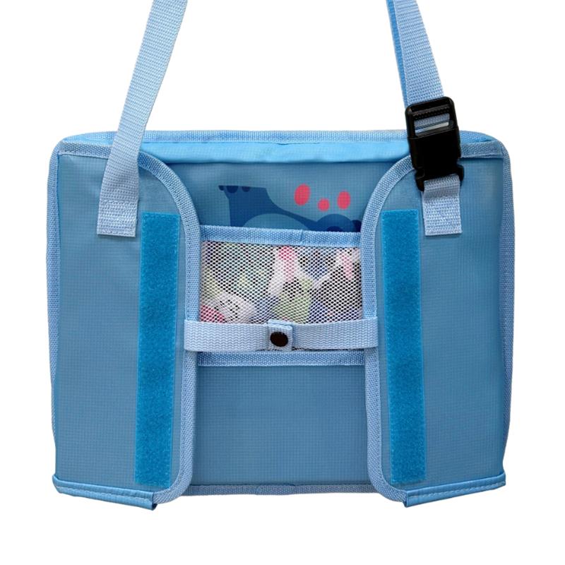 Blue travel tray with mesh pocket, designed for toddlers, featuring Stitch design and adjustable straps.