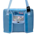 Blue travel tray with mesh pocket, designed for toddlers, featuring Stitch design and adjustable straps.