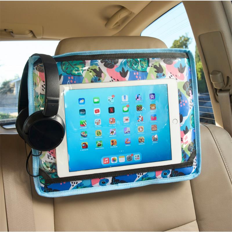 Toddler travel tray with tablet holder displaying an iPad and headphones attached, featuring a colorful fabric design.