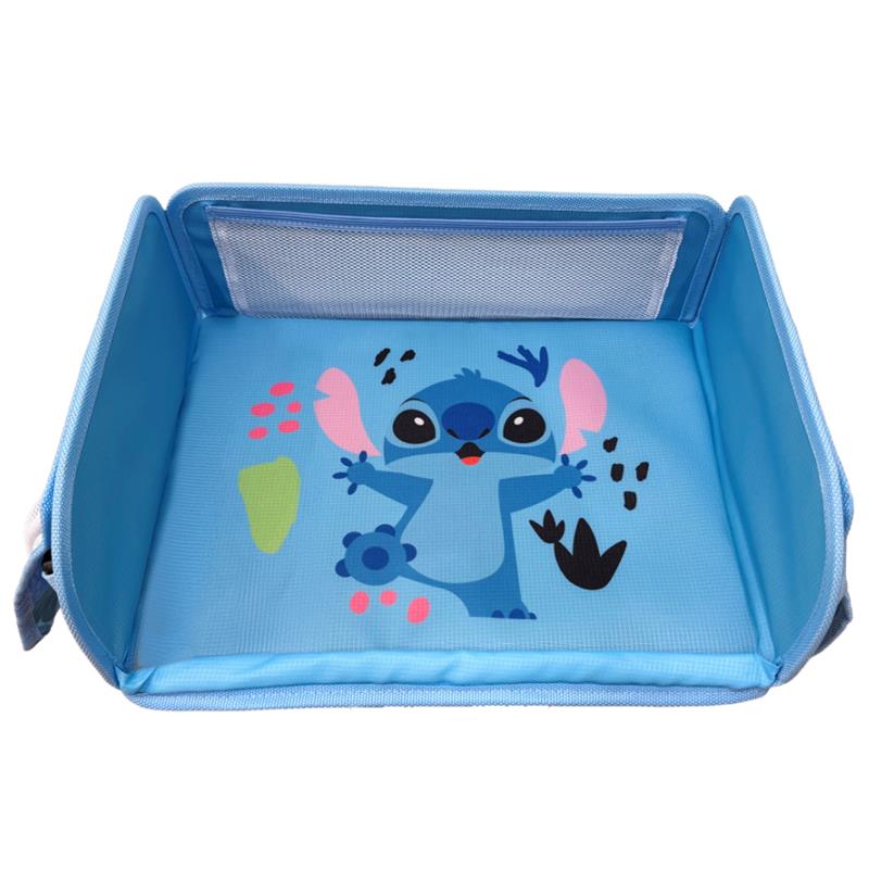 Toddler travel tray with a blue fabric interior featuring a playful Stitch character design, ideal for mess-free on-the-go activities.
