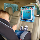 Toddler in a car seat interacting with a tablet mounted on the back of a front seat, using a colorful travel tray.