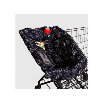 Disney Baby shopping cart and high chair cover featuring a black fabric with Mickey Mouse designs, secured in a shopping cart.