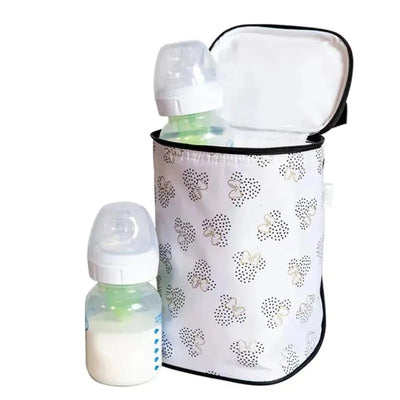 Double bottle cooler featuring a Minnie Mouse dot pattern, holding two baby bottles, one partially visible.