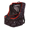 Padded travel bag for car seats featuring a black design with white Mickey Mouse outlines and red trim.