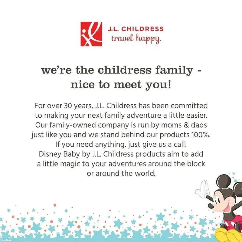 J.L. Childress travel bag overview, featuring Mickey Mouse, emphasizing family adventures and product reliability.