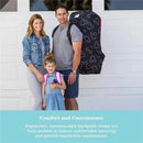 Family standing in front of a garage with a Mickey Mouse-themed padded car seat travel bag. A child holds a toy and wears a backpack.