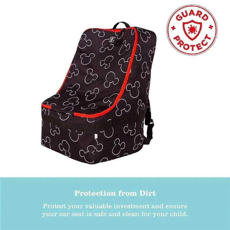 Disney Baby Ultimate PREMIUM Backpack Padded Car Seat Travel Bag in black with Mickey Mouse design, featuring a protective, padded structure.