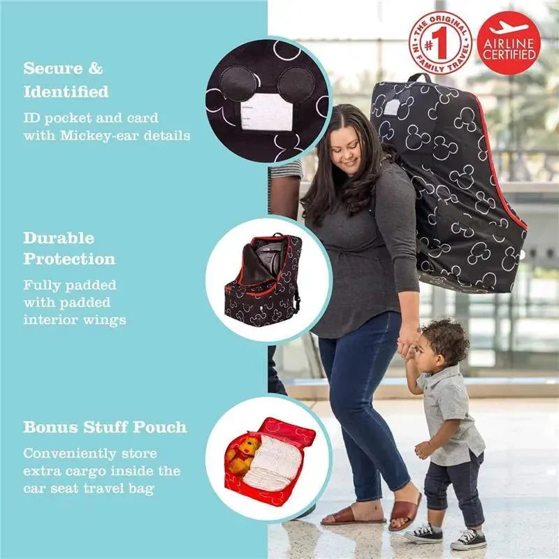 J.L. Childress Disney Baby Ultimate PREMIUM Backpack Padded Car Seat Travel Bag, featuring Mickey Mouse design, shown in use.