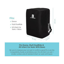 Black unpadded J.L. Childress Elite Travel Bag designed for Doona and other infant car seats, with size dimensions and compatibility details.