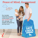 Parents holding a child stand next to a neon blue J.L. Childress Gate Check Bag for strollers, promoting stroller protection during travel.