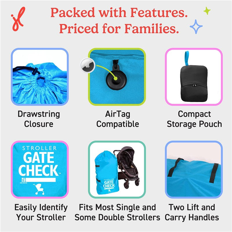 Neon blue J.L. Childress Gate Check Bag designed for single and double strollers, featuring drawstring closure, AirTag compatibility, and lift handles.