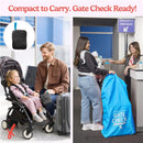 J.L. Childress Gate Check Bag for strollers, neon blue, shown in use at an airport for easy transport.