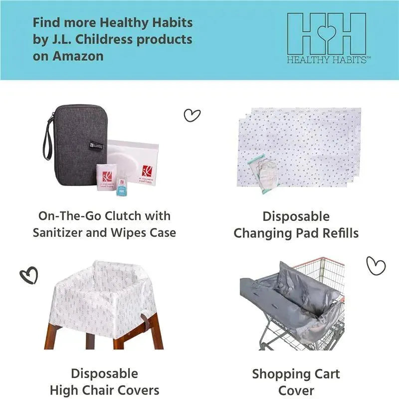 Extra-large grey changing pad bundle by J.L. Childress, featuring disposable refills, a wipes case, high chair covers, and a shopping cart cover.