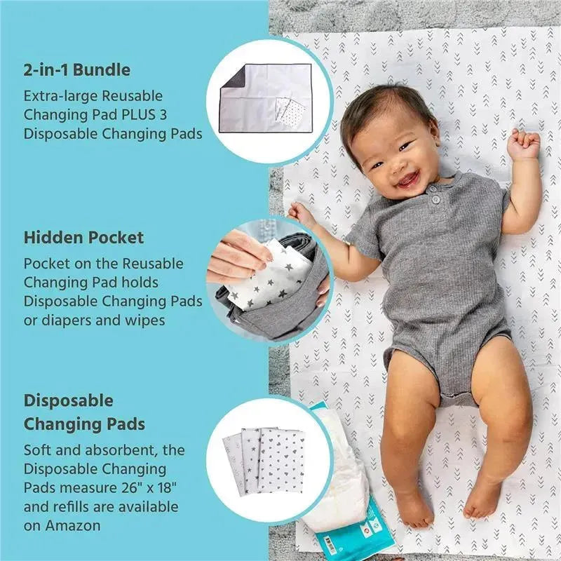 Extra-large grey baby changing pad bundle featuring a smiling baby, reusable pad, hidden pocket, and disposable changing pads.
