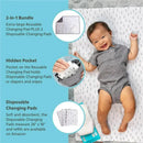 Extra-large grey baby changing pad bundle featuring a smiling baby, reusable pad, hidden pocket, and disposable changing pads.