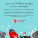 J.L. Childress promotional image featuring the company logo, text about family adventures, and various baby travel accessories.