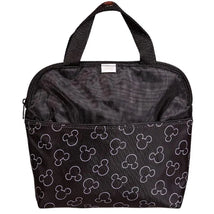 Black insulated cooler bag featuring a repeating Mickey Mouse pattern, designed to hold up to four bottles.