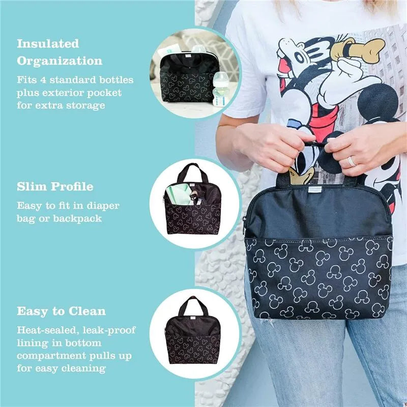 Black insulated cooler bag designed for storing four bottles, featuring Mickey Mouse pattern and easy-clean lining.