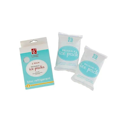 Reusable ice packs in a two-pack by J.L. Childress, featuring a blue and white design with labeled characteristics.