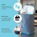 Reusable ice packs in a gray storage bag with milk bottles; includes text about non-toxic materials and cooling benefits.