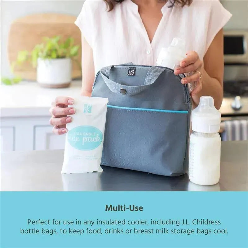 Reusable Ice Packs by J.L. Childress in a 2-pack, designed for keeping breast milk and drinks cool, shown with a insulated cooler bag.