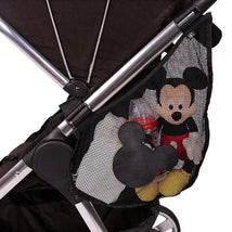 J.L. Childress Side Sling Stroller Cargo Net in Mickey Black, featuring Mickey Mouse design and storage for baby items.