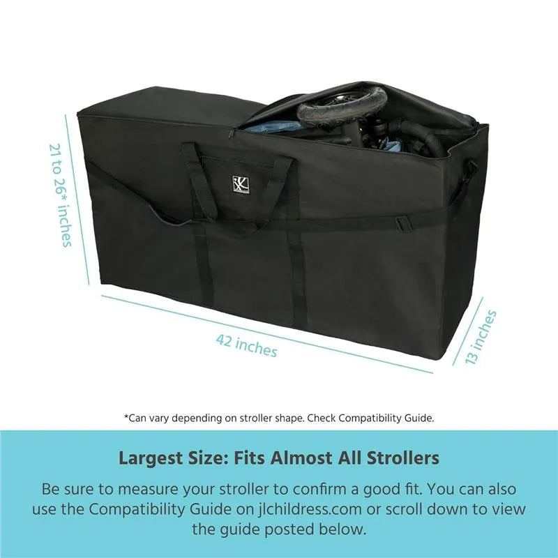 Black travel bag for single and double strollers, measuring 42 inches long, with side handles and compatibility guidelines.