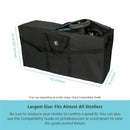Black travel bag for single and double strollers, measuring 42 inches long, with side handles and compatibility guidelines.