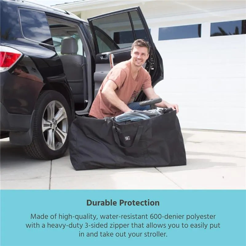 Black travel bag for single and double strollers, shown being loaded into a car by a smiling man.