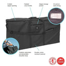 Black travel bag for single and double strollers featuring a 3-sided zipper, padded handle, and adjustable shoulder strap.
