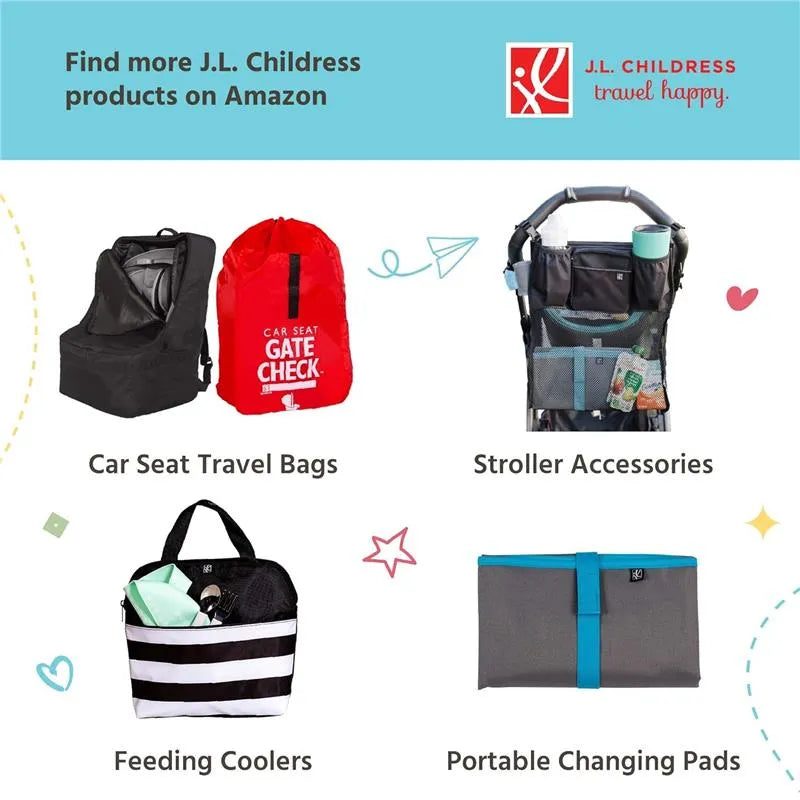J.L. Childress travel products including a black car seat travel bag, a red gate check bag, a striped feeding cooler, and a portable changing pad.