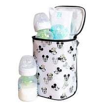 Double bottle cooler featuring Mickey and Minnie Mouse design, with two baby bottles and a reusable ice pack inside.