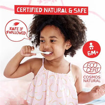Natural toothpaste for babies & toddlers in Berries & Cream flavor. Child brushing teeth with a toothbrush, text highlights safety and certifications.