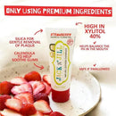 Natural toothpaste for babies and toddlers in a tube, featuring strawberry flavor and key ingredient highlights, placed beside sliced strawberries.