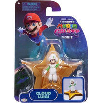 Cloud Luigi action figure by Jakks, featuring a star base and packaging related to The Super Mario Galaxy movie.