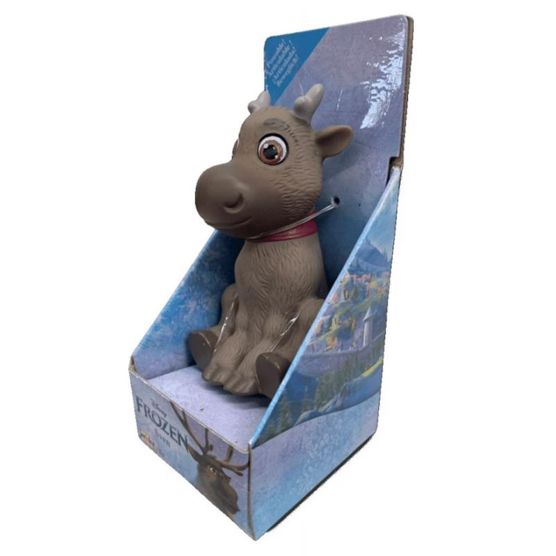 Mini doll of Sven from Frozen, sitting in a display box, featuring a brown body and a red collar.