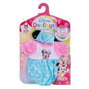 Deluxe Baby Minnie outfit in pink, turquoise, and white with a Minnie Mouse design, includes a matching bow and headband.