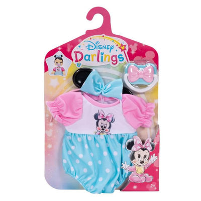 Deluxe Baby Minnie outfit in pink, turquoise, and white with a Minnie Mouse design, includes a matching bow and headband.