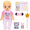 Interactive 13-inch baby doll with blonde hair, wearing a Minnie Mouse outfit, includes accessories like a birth certificate, bottle, and wand.