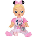 Blonde-haired 13-inch interactive baby doll wearing a pink outfit with a Minnie Mouse design, holding a bottle.