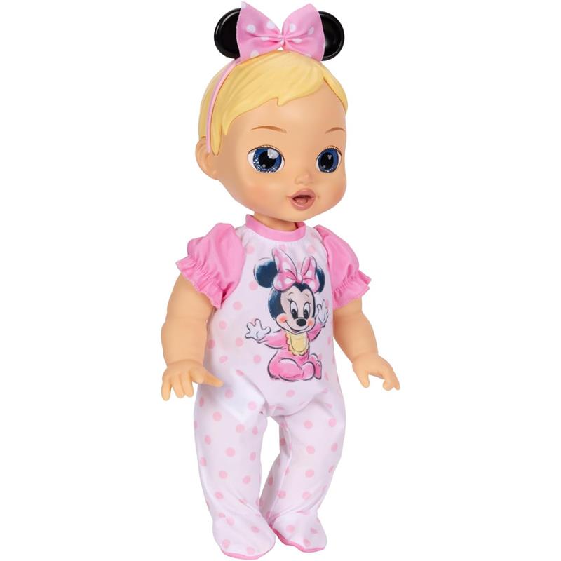 Interactive baby doll with blonde hair, wearing a pink outfit featuring Minnie Mouse, and a matching headband with ears.