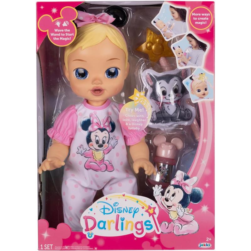 Interactive Baby Doll with blonde hair, dressed in a Minnie Mouse pajama, includes accessories and packaging details.