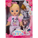 Interactive Baby Doll with blonde hair, dressed in a Minnie Mouse pajama, includes accessories and packaging details.