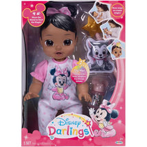 13-inch interactive baby doll with brown hair wearing a Minnie Mouse outfit, includes accessories and features glowing responses.